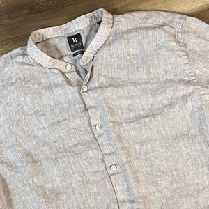 Boggi Milano Shirt Mens XL Grandad Collar French Linen Regular Fit Taupe Brown